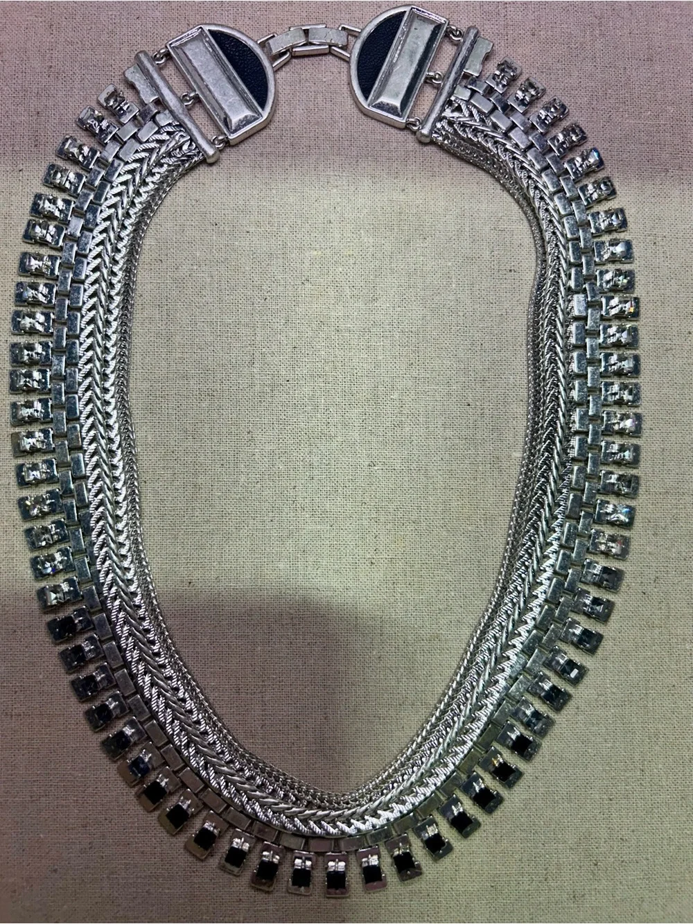 Stella & Dot silver Electra statement necklace with black, gray and clear stones